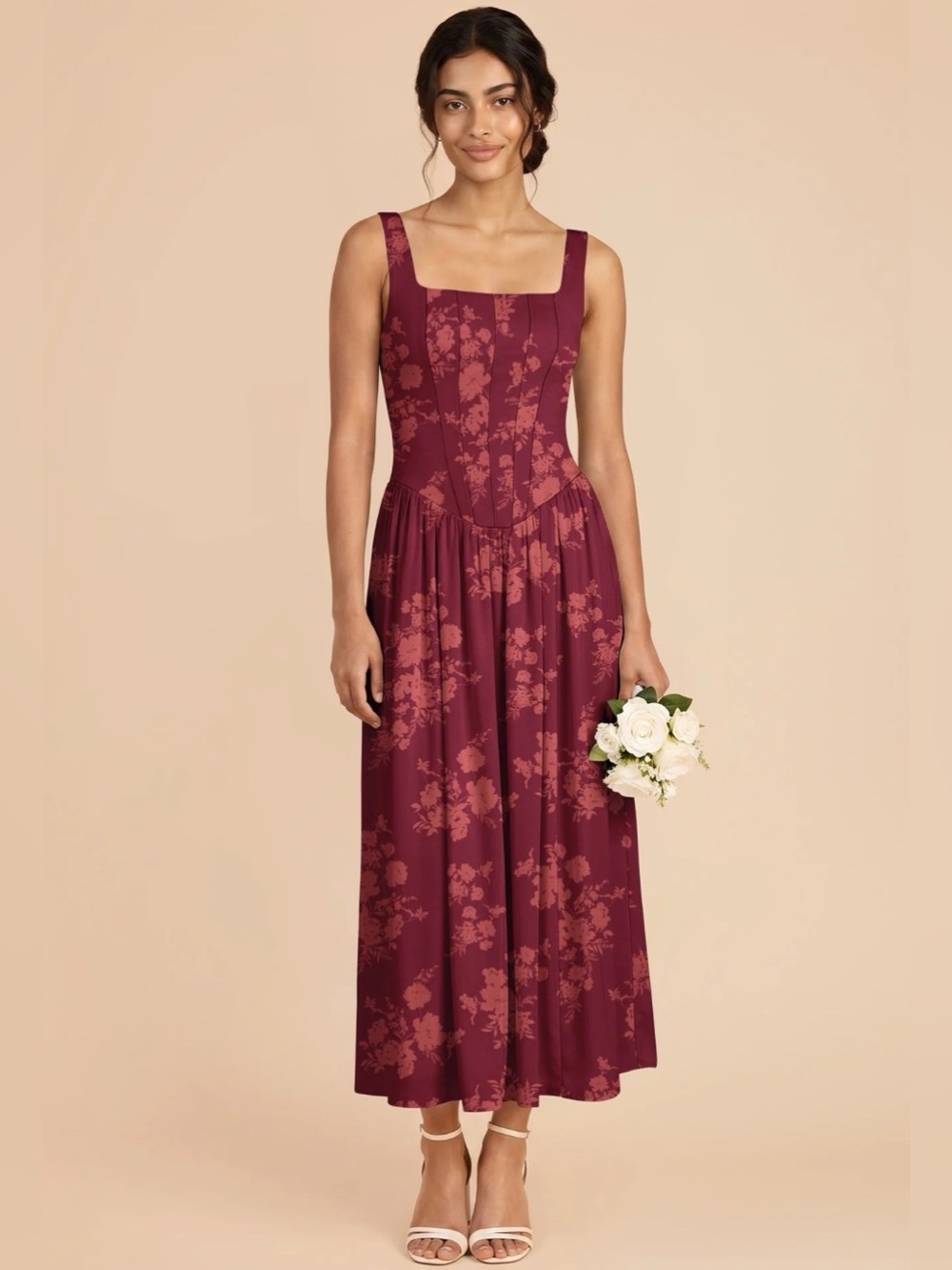 Birdy Gray Lorelai Bridesmaids Dress Matte Satin Sangria Whimsical Blooms Sz S